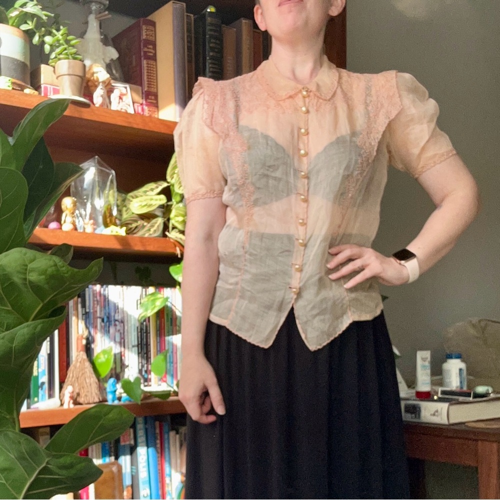 Vintage 60s sheer blouse orange pink Peter Pan collar - Picture 4 of 17
